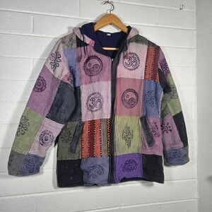 Vtg Patchwork Lined Hoodie Jacket XL Bohemian Nepal Cotton Full Zip Festival Art
